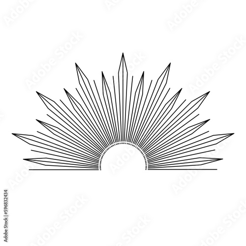 Hand drawn mystical Sun in line art. Sunburst  light rays  spiritual symbol celestial space. Magic talisman  antique style  boho  tattoo  emblem  logo. Vector illustration isolated on white background