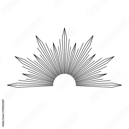 Hand drawn mystical Sun in line art. Sunburst, light rays, spiritual symbol celestial space. Magic talisman, antique style, boho, tattoo, emblem, logo. Vector illustration isolated on white background