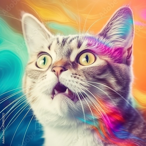 illustration, surprised cat with its colorful, fantasy, generative ai.