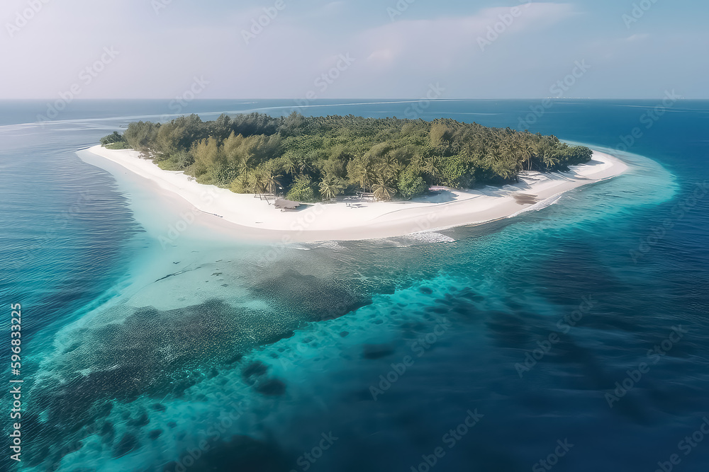 Drone photo of beautiful paradise Maldives tropical beach on island, AI