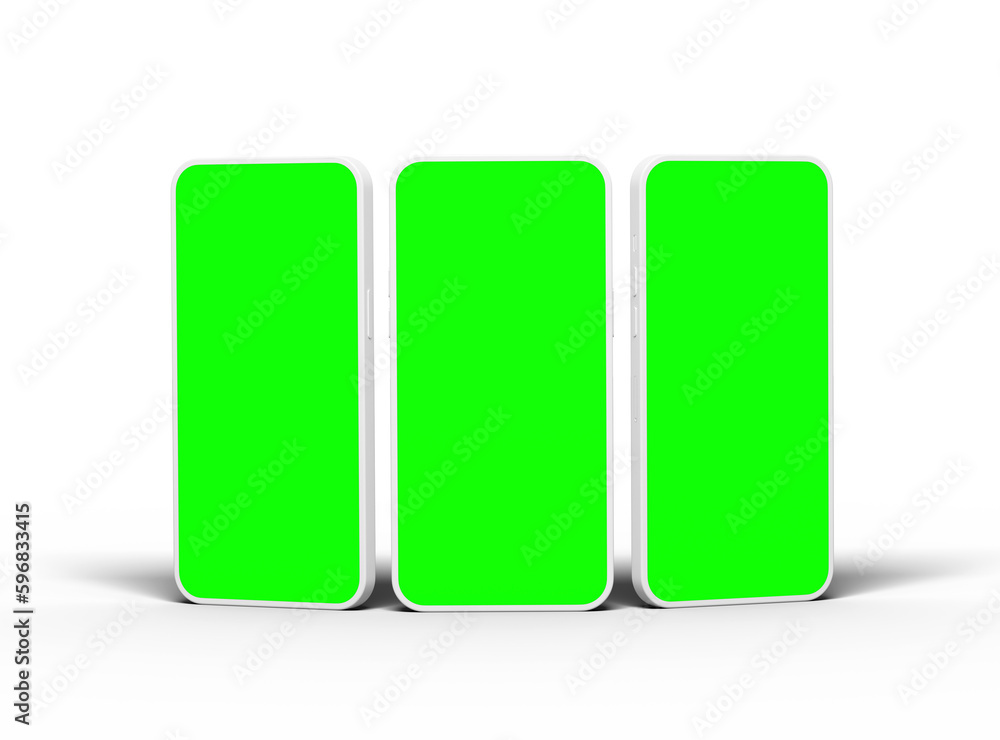 Three unbranded smartphones Template with Customizable Design for UI/UX Product Showcase. 3D Render Three unbranded smartphones Template with Customizable Design for UI/UX Product Showcase. 3D Render