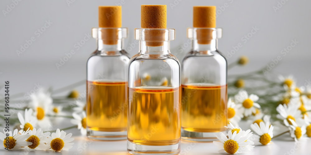 Chamomile extract. Golden oils in clear bottles, capped with wooden stoppers, surrounded by chamomile flowers, evoking a serene and medicinal atmosphere. Chamomile extract. Golden oils in clear bottles, capped with wooden stoppers, surrounded by chamomile flowers, evoking a serene and medicinal atmosphere.