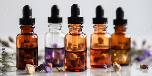 A collection of essential oil bottles with various natural elements, suggesting a range of therapeutic and aromatic properties.