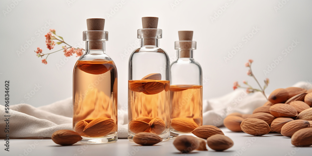 Glass bottles filled with almond oil and seeds, placed beside scattered almonds on a light surface, capturing the pure essence of almond produce. Glass bottles filled with almond oil and seeds, placed beside scattered almonds on a light surface, capturing the pure essence of almond produce.
