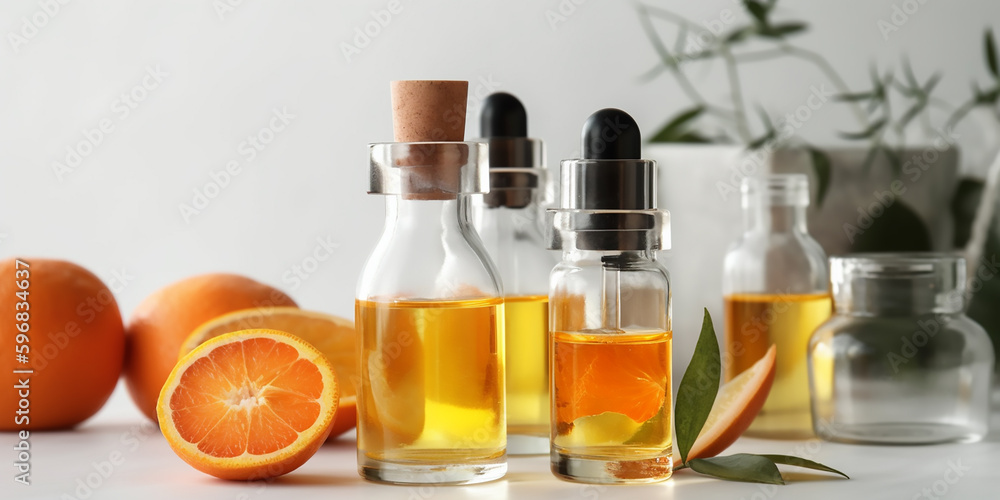 Bottles of golden essential oils with fresh orange slices and zest, evoking a refreshing citrus aroma for aromatherapy. Bottles of golden essential oils with fresh orange slices and zest, evoking a refreshing citrus aroma for aromatherapy.