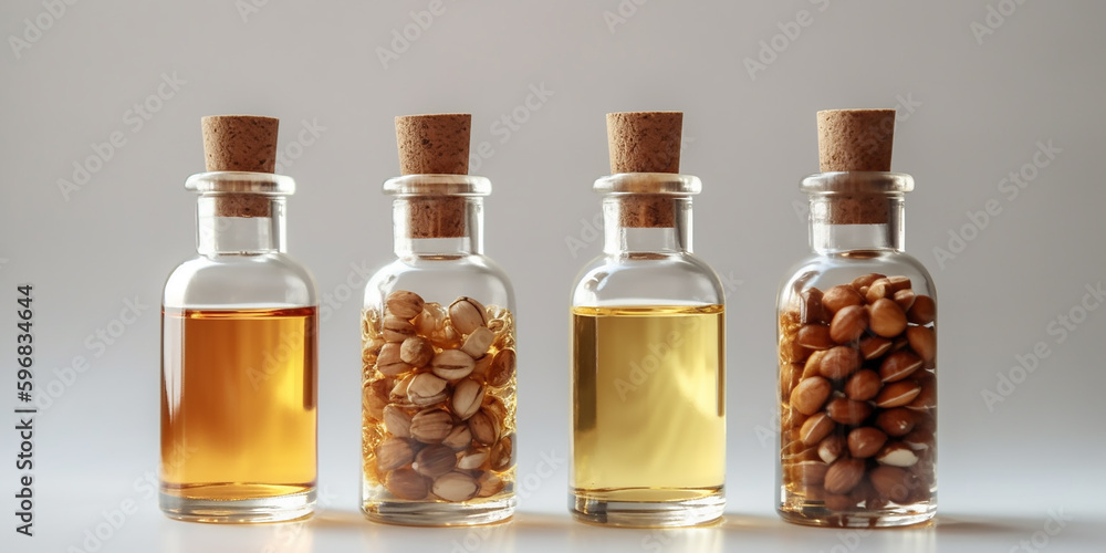 A variety of essential oil bottles with cork lids, some filled with clear liquid and others with golden tones, alongside scattered nuts, suggesting rich, earthy scents. A variety of essential oil bottles with cork lids, some filled with clear liquid and others with golden tones, alongside scattered nuts, suggesting rich, earthy scents.