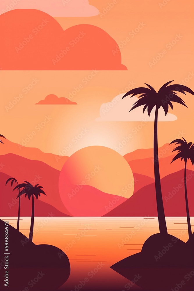 Orange sunset seascape illustration, generative ai