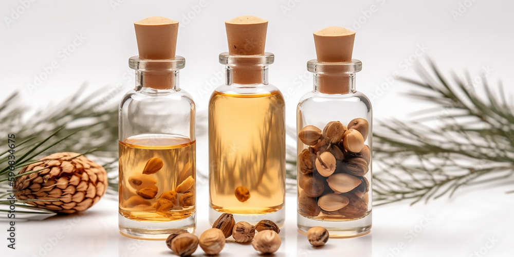 Essential oils in transparent bottles accompanied by pine cones and nuts suggest a natural remedy or the essence of a forest. Essential oils in transparent bottles accompanied by pine cones and nuts suggest a natural remedy or the essence of a forest.
