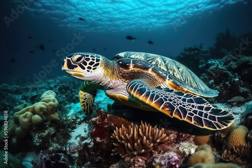 Sea turtle swimming on Maldives. Turtle in the blue sea, looking directly into the camera. Details of head, mouth and eyes, AI