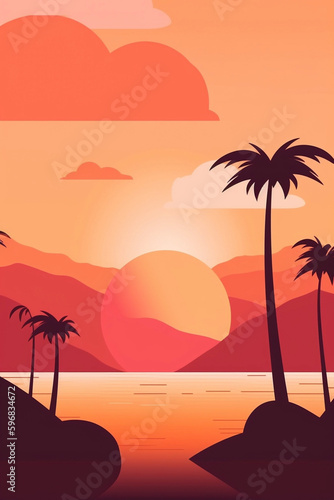 Orange sunset seascape illustration  generative ai