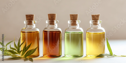 A row of colorful essential oil bottles with herbal infusions on a bright, neutral background, suggesting purity and a variety of therapeutic benefits.