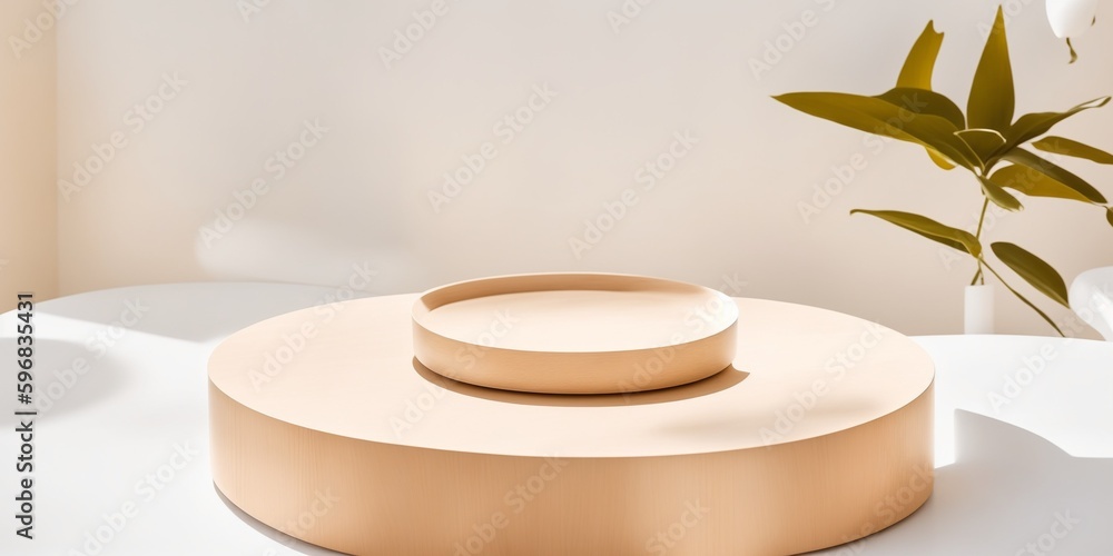 Two minimal modern wooden round tray podium on table counter in sunlight, beige wall background for luxury beauty, organic, fashion product display (Generative AI) - obrazy, fototapety, plakaty 