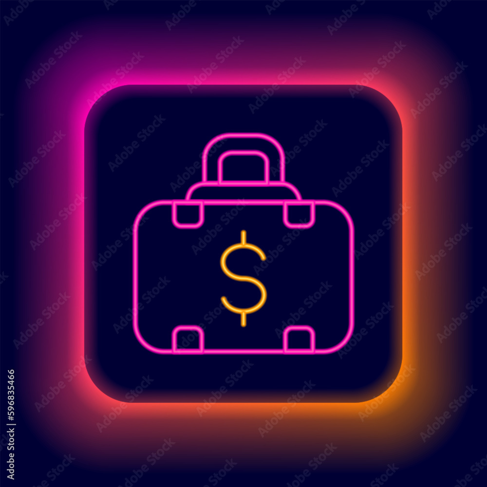 Glowing neon line Briefcase and money icon isolated on black background. Business case sign. Business portfolio. Colorful outline concept. Vector Glowing neon line Briefcase and money icon isolated on black background. Business case sign. Business portfolio. Colorful outline concept. Vector
