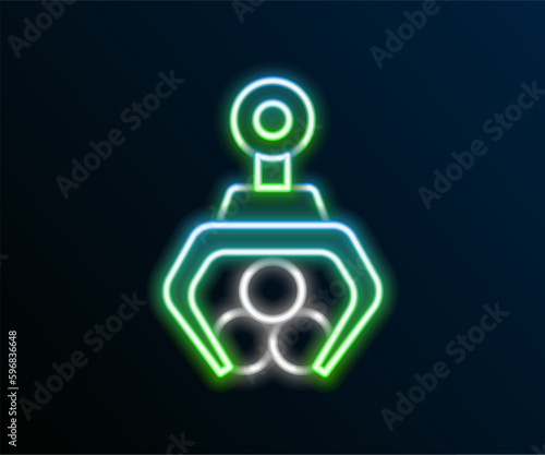 Glowing neon line Grapple crane grabbed a log icon isolated on black background. Forest industry. Industrial crane for lumber trunk wood production. Colorful outline concept. Vector