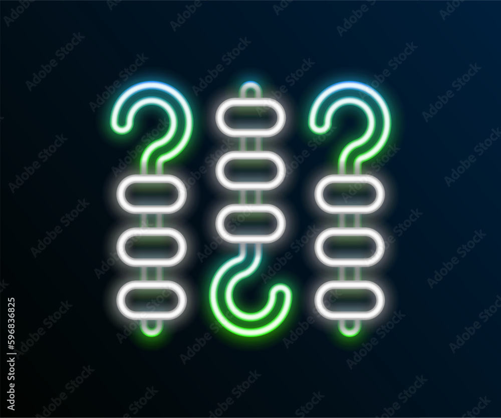Glowing neon line Grilled shish kebab on skewer stick icon isolated on black background. Meat kebab on skewer stick. Picnic with grilled meat. Colorful outline concept. Vector