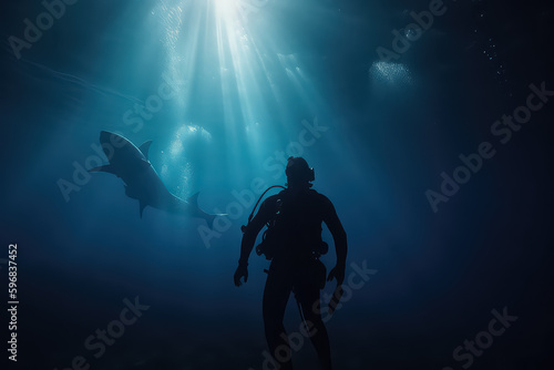 Canvastavla a diver swims with a shark in the maldives in the depths of the ocean, AI