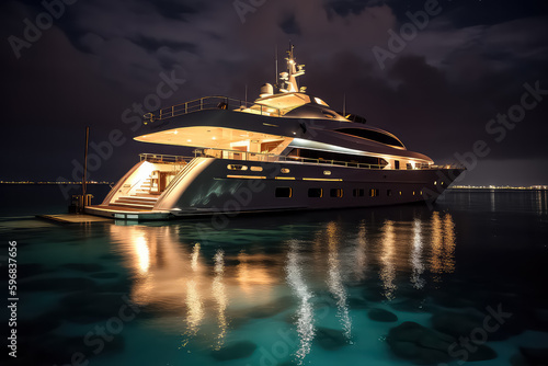 Concept of travel vacation and vessel trip. luxury yacht sailing on ocean in Maldives, tropical island on background, AI © yurakrasil