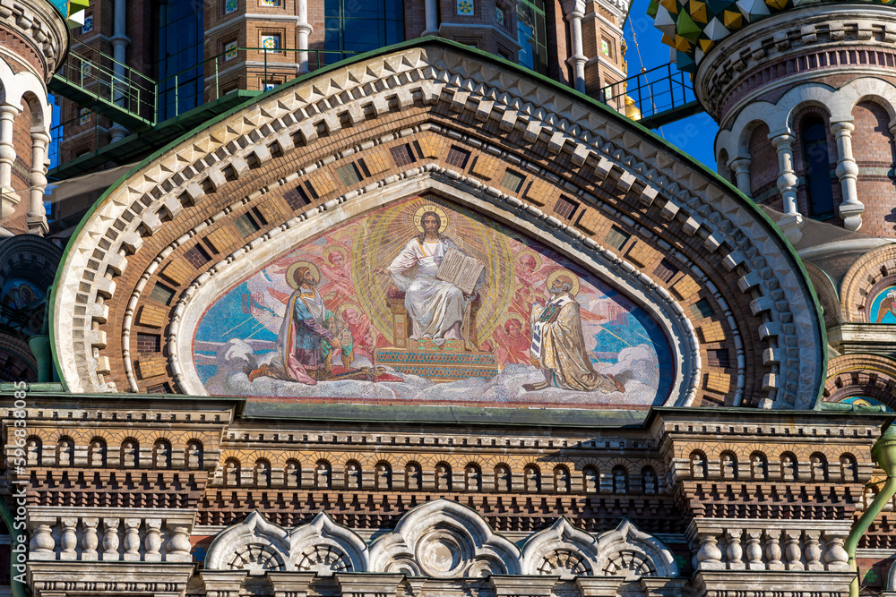 Mosaic with Jesus Christ on facade of Church of the Savior on Spilled Blood in a sunny day in Saint Petersburg city, Russia. Religious arhitecture. Travel in Russia theme.