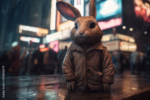 Eerie horror bunny at Times Square. Generative AI