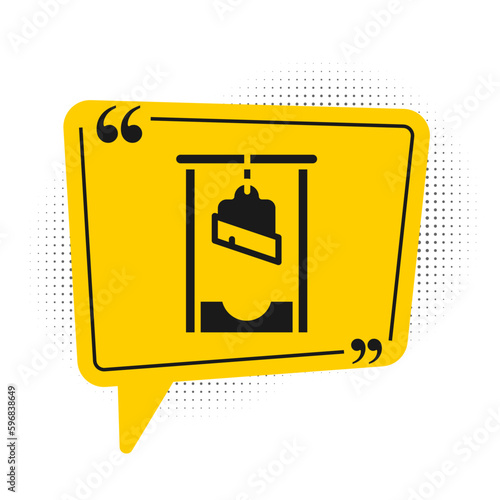 Black Guillotine medieval execution icon isolated on white background. Yellow speech bubble symbol. Vector
