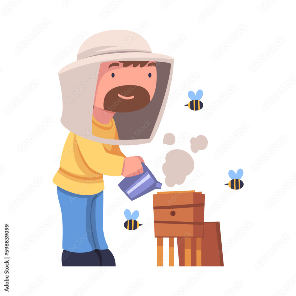 Bearded Beekeeper with Smoker Keeping Honey Bee Engaged in Apiculture Vector Illustration Bearded Beekeeper with Smoker Keeping Honey Bee Engaged in Apiculture Vector Illustration