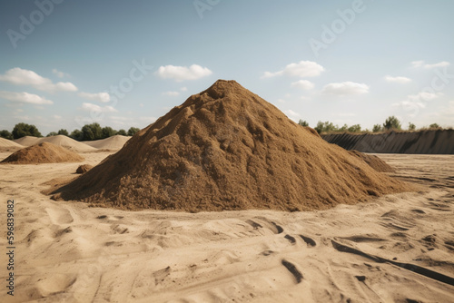 Large piles of sand and gravel near the entrance to the construction site. Piles of limestone materials for construction on a sunny day under a bright blue sky. Generative AI