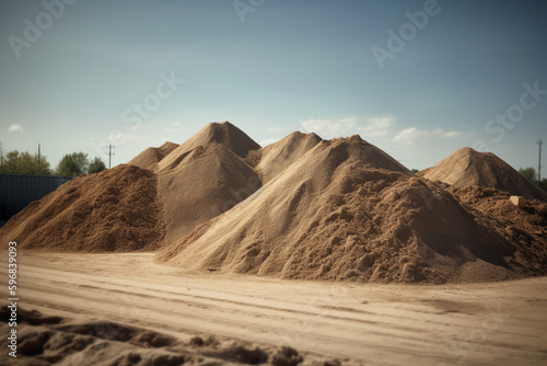 Large piles of sand and gravel near the entrance to the construction site. Piles of limestone materials for construction on a sunny day under a bright blue sky. Generative AI photo