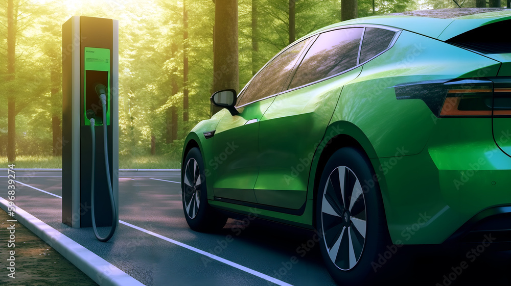 Fototapeta premium EV car is charging electrical fuel at the EV station