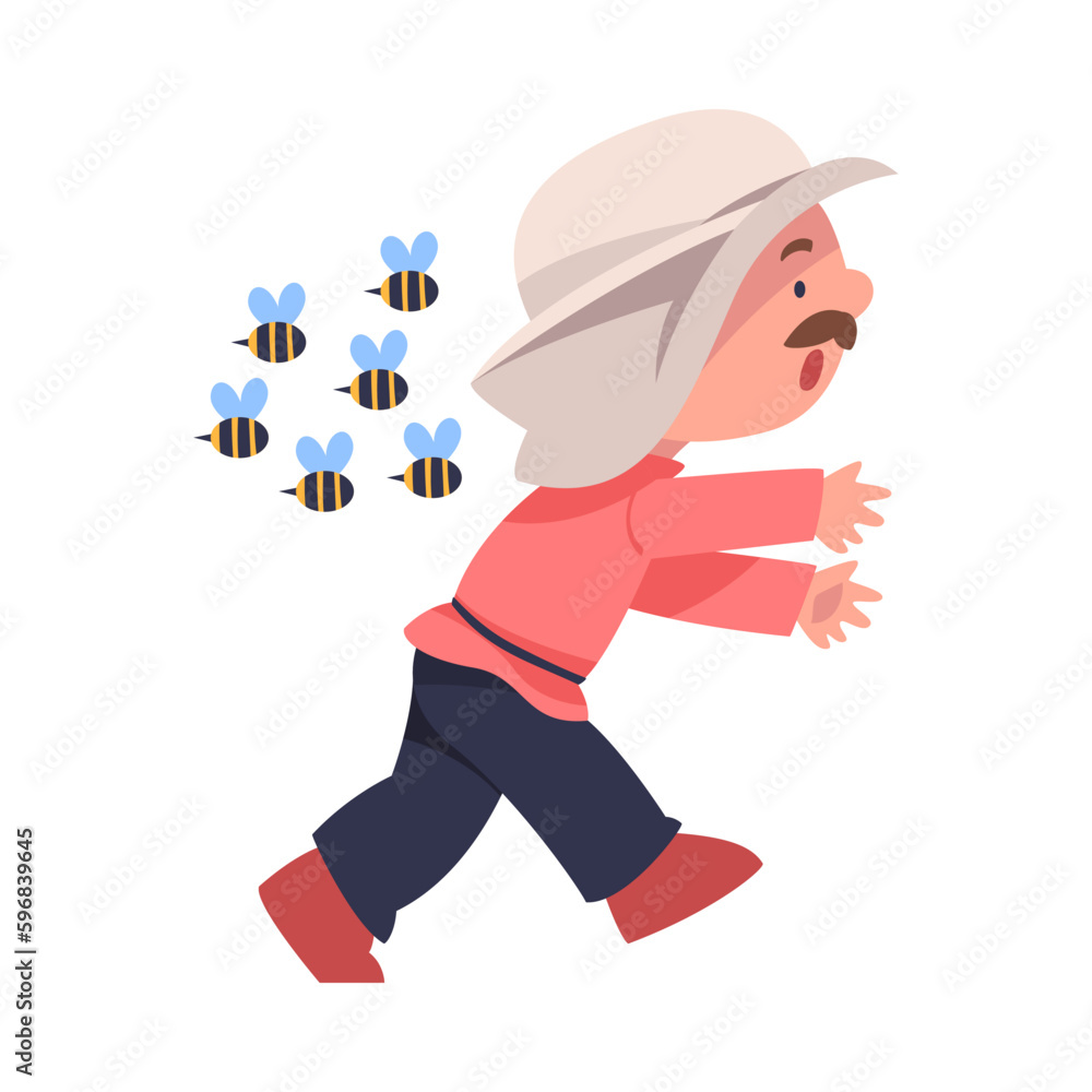 Mustached Beekeeper Escaping from Honey Bee Engaged in Apiculture Vector Illustration