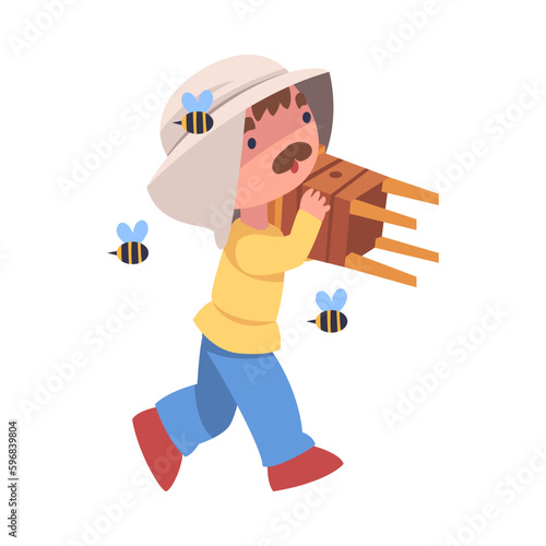 Mustached Beekeeper Carrying Wooden Beehive Keeping Honey Bee Engaged in Apiculture Vector Illustration