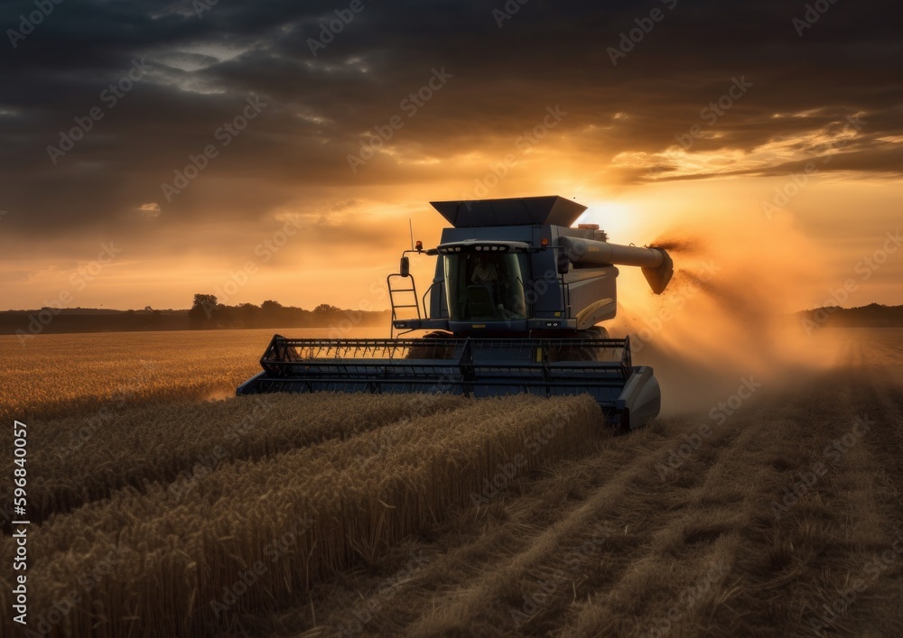 Combine harvester working on a wheat field. Concept for A Modern Approach to Agriculture. Generative AI. Combine harvester working on a wheat field. Concept for A Modern Approach to Agriculture. Generative AI.
