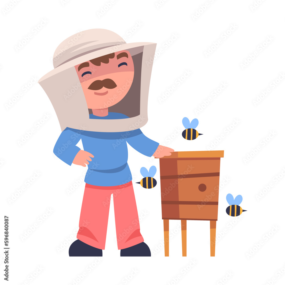 Mustached Beekeeper Near Wooden Beehive Keeping Honey Bee Engaged in Apiculture Vector Illustration