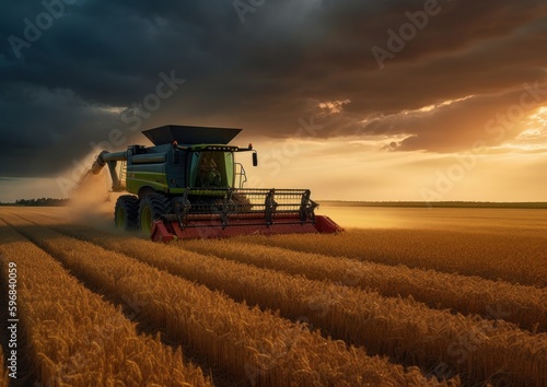 Combine harvester working on a wheat field. Concept for A Modern Approach to Agriculture. Generative AI.