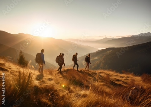 group of hikers walking at the top of  mountain. Generative AI.