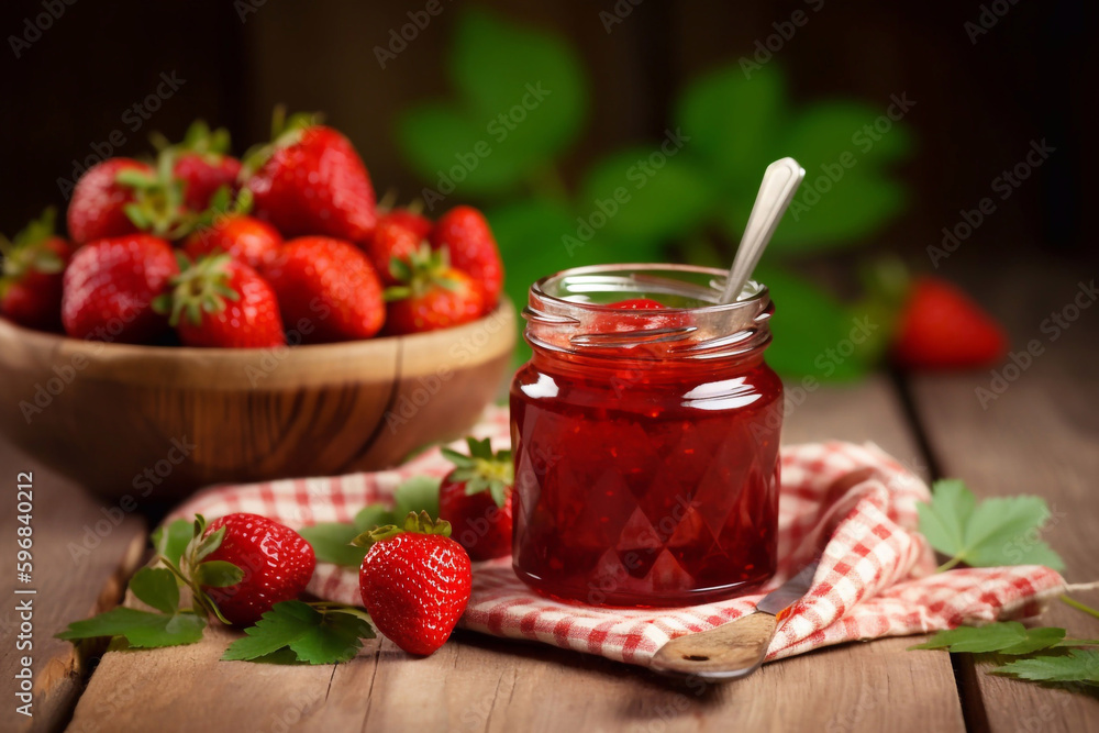 Strawberry jam in the glass jar at wooden table. Generative AI Strawberry jam in the glass jar at wooden table. Generative AI