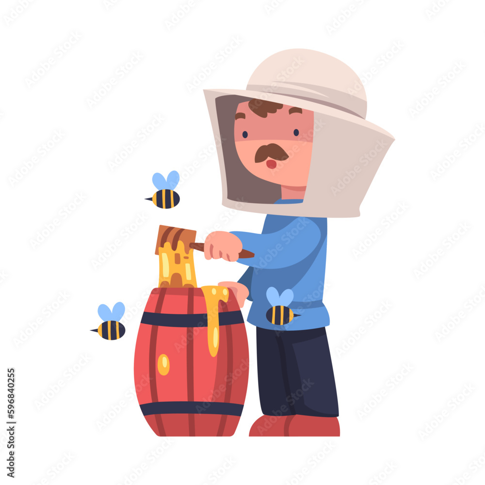 Mustached Beekeeper with Wooden Barrel on Honey Keeping Bee Engaged in Apiculture Vector Illustration Mustached Beekeeper with Wooden Barrel on Honey Keeping Bee Engaged in Apiculture Vector Illustration