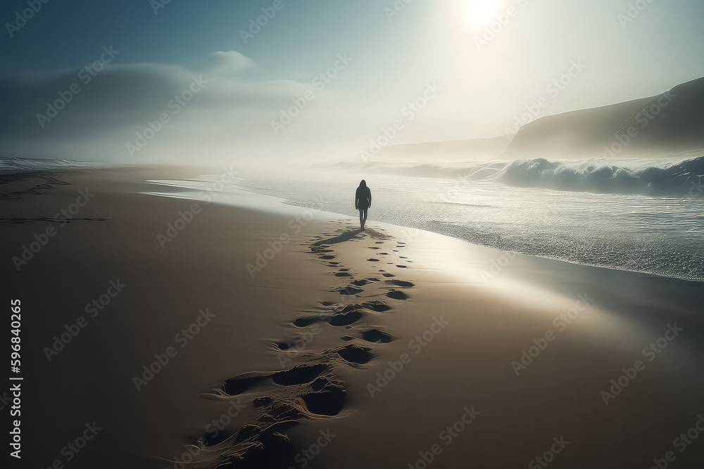 a lonely man walks along the beach, leaving large footprints along the shore, AI - obrazy, fototapety, plakaty 