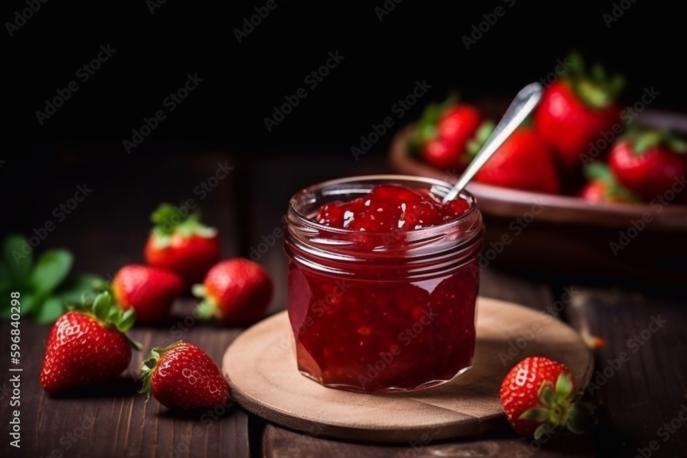 Strawberry jam in a jar on wooden background. Generative AI Strawberry jam in a jar on wooden background. Generative AI