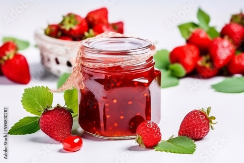 Fresh strawberry jam in a jar. Generative AI
