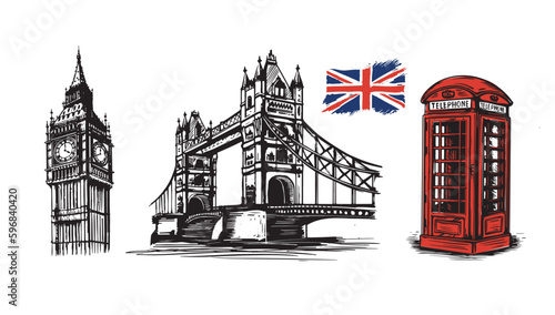 Big Ben, Tower bridge, telephone booth, hand drawn illustrations, sketch style. Vector.