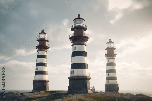 Three coastal lighthouses, 3D graphical rendering. Generative AI