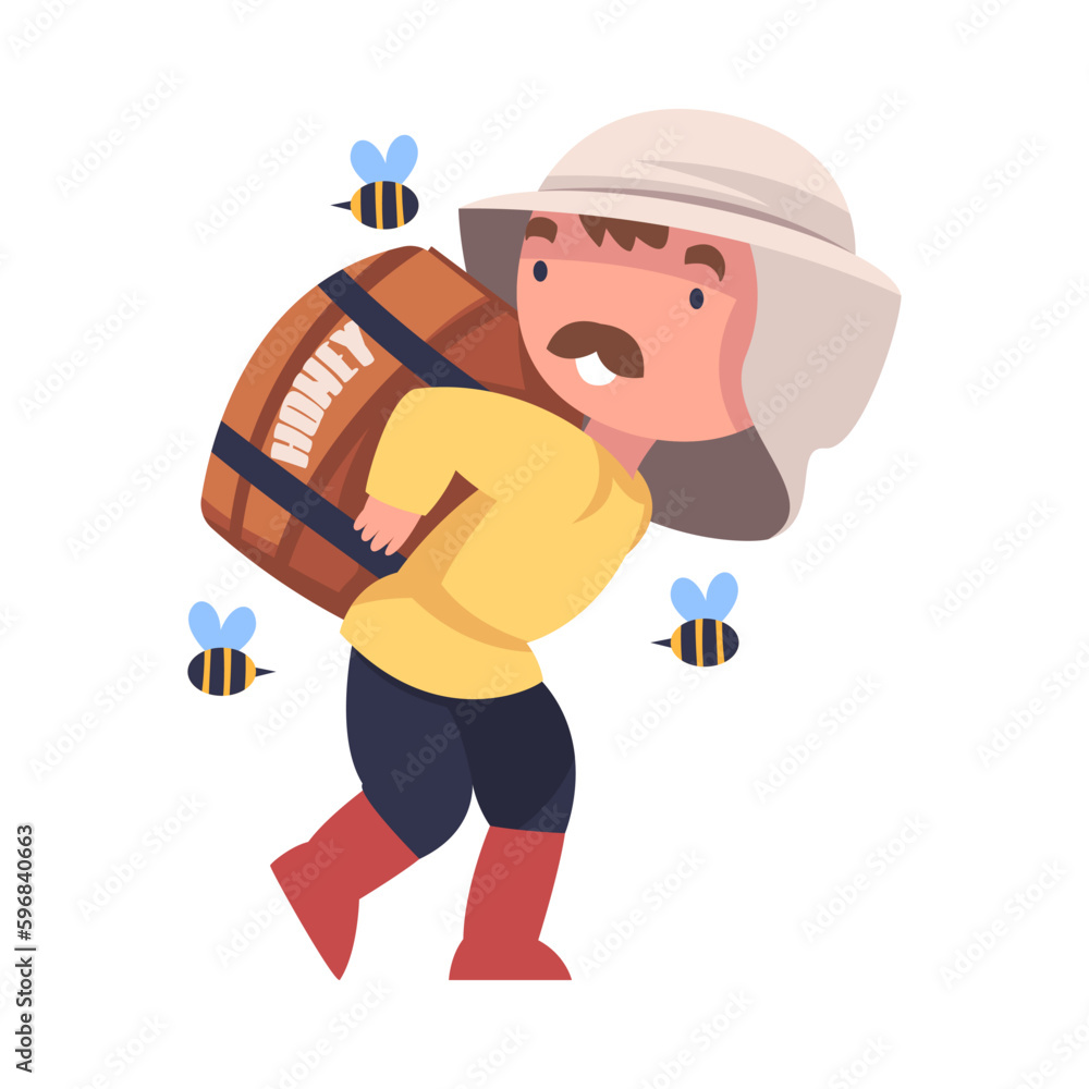 Mustached Beekeeper Carrying Wooden Barrel with Honey Engaged in Apiculture Vector Illustration