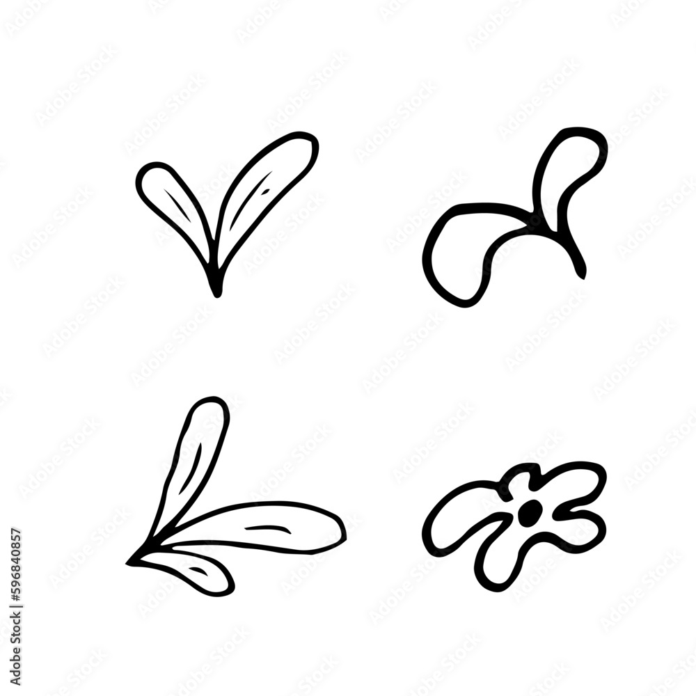 leaves in line style. Isolated hand drawing greenery vector illustration. Doodle simple outline.