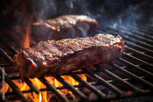 grilling steak on barbecue party, beef meat on a grill. generative ai photo