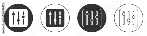 Black Sound mixer controller icon isolated on white background. Dj equipment slider buttons. Mixing console. Circle button. Vector