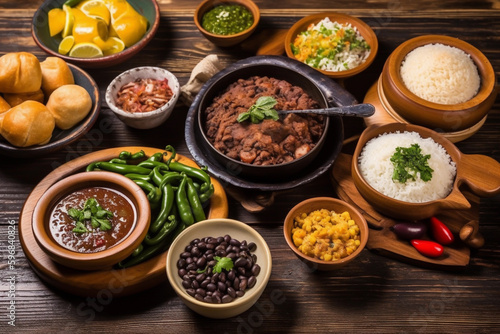 feijoada, and side dishes such as cassava, rice, beans, farofa, seasonings and salad. traditional brazilian food for lunch or dinner. generative ai