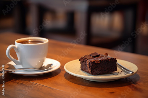 delicious piece of brownie along with tasty hot coffee or cappuccino on wooden table in coffee shop or restaurant. generative ai
