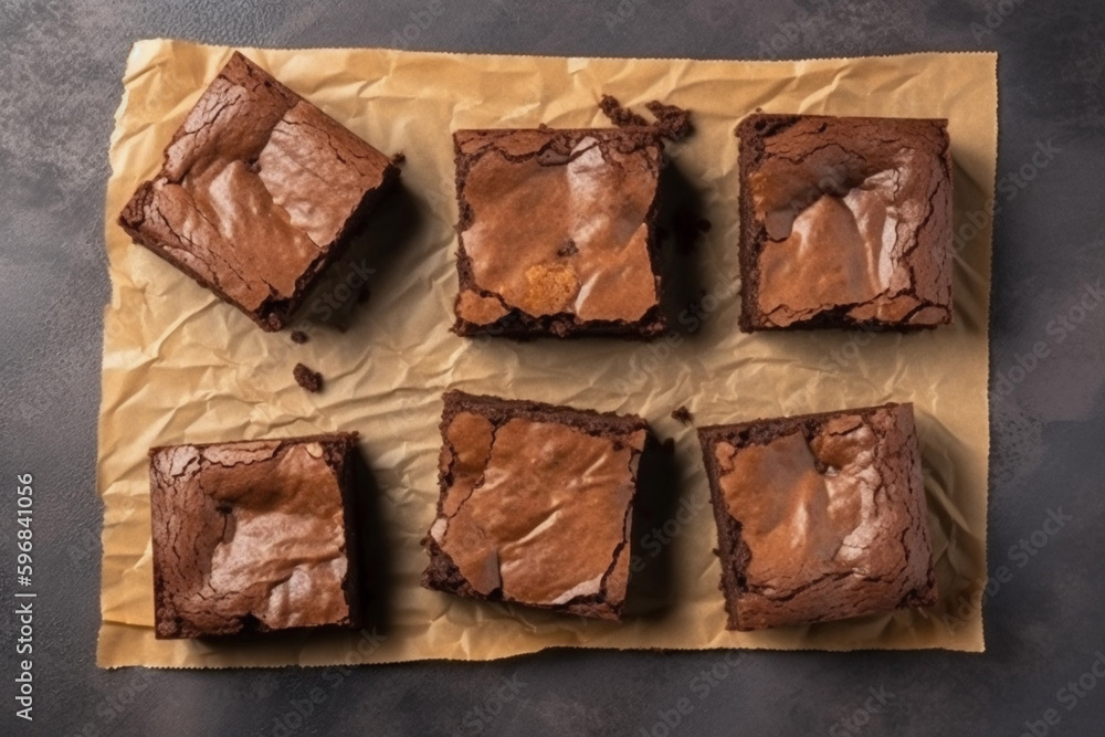 top view of several pieces of brownie cut into squares. generative ai top view of several pieces of brownie cut into squares. generative ai