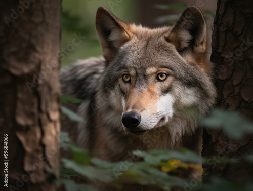 Majestic Wolf Hiding Behind Tree in Dense Forest