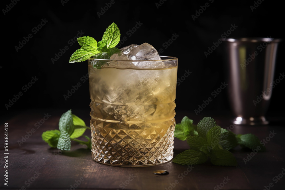 mint julep. is a mixed alcoholic beverage, or cocktail, consisting primarily of bourbon, sugar, water, crushed ice, and fresh mint. (generative ai) - obrazy, fototapety, plakaty 
